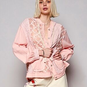 💖Hello Pink!POL Exposed Seam Button Down Hooded Jacket w/Lace Detail-Powder Pink